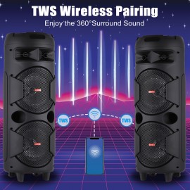 Portable Bluetooth PA Speaker - Dual 8'' Karaoke Speaker System with Microphone, Remote Control & Built-in Rechargeable Battery, MP3/USB/SD, LED Battery Indicator Lights - QS-2821