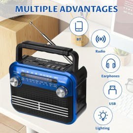 128BT Portable FM Radio, Full Bandwidth Sound, Large Knob Easy Operation, FM/AM/SW1-6/USB/TF/BT Playback, Battery Powered - Multi-Band Home Handheld Flashlight Radio for Indoor and Outdoor Use