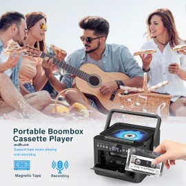 Boombox Cassette CD Player with 5000mAh Battery, 5W Dual Stereo Speakers, Rechargeable CD Player with FM Radio, Remote Control, Tape Recording, 3.5mm Earphone Jack, AUX/Micro SD/USB for Home