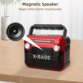 X-BASS Portable FM Radio with Flashlight - 800mAh Rechargeable Battery, Multi-Band (FM/AM/SW1-6), USB/TF/BT Playback, 2-4H Playtime, Red & Black, Ideal for Indoor & Outdoor Use, Radio Portable Rechargeable
