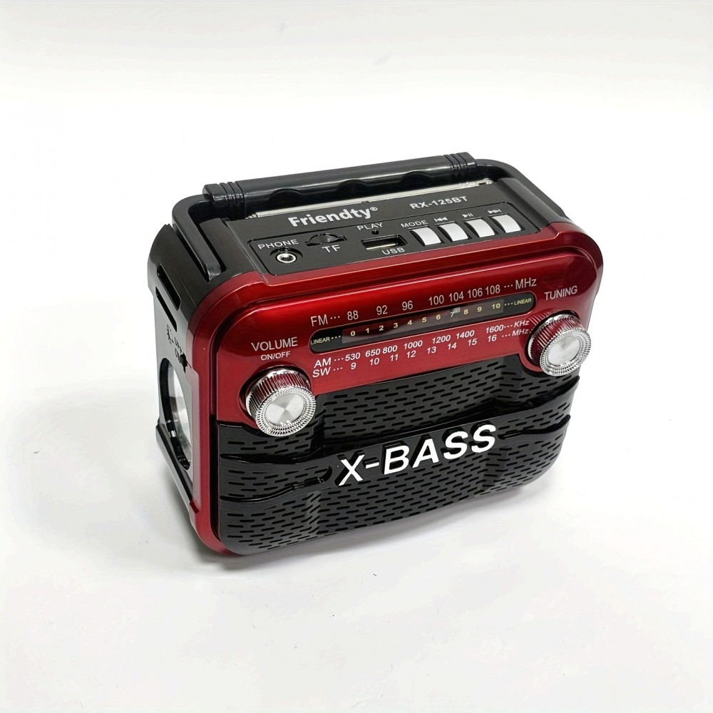 X-BASS Portable FM Radio with Flashlight - 800mAh Rechargeable Battery, Multi-Band (FM/AM/SW1-6), USB/TF/BT Playback, 2-4H Playtime, Red & Black, Ideal for Indoor & Outdoor Use, Radio Portable Rechargeable