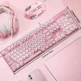 Gaming Keyboard And Mouse, Retro Steampunk Vintage Typewriter-Style Mechanical Keyboard with White LED Backlit, 104-Key Anti-Ghosting Blue Switch Wired USB Metal Panel Round Keycaps