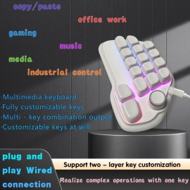 17-key mechanical keyboard, Type-C wired connection, easy to use, RGB backlight, multimedia knob, suitable for office and gaming, pleasant key sound, lightweight and portable, compact design, can be used by simply plugging in the Type-C connection