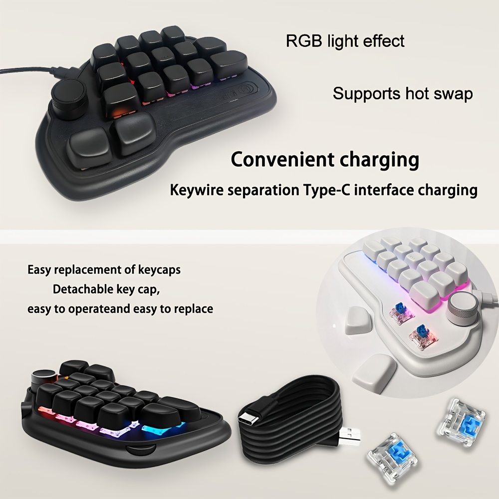 17-key mechanical keyboard, Type-C wired connection, easy to use, RGB backlight, multimedia knob, suitable for office and gaming, pleasant key sound, lightweight and portable, compact design, can be used by simply plugging in the Type-C connection