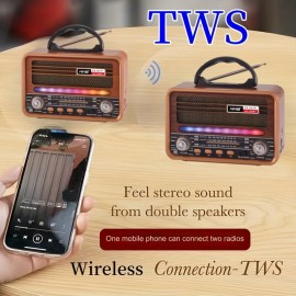 Vintage Wood Grain Retro Radio - Wireless, Stereo Sound, AM/FM/SW Bands, Portable Speaker with USB/TF Card Player, TWS Pairing, LED Lights, Rechargeable Battery for Home and Outdoor Use